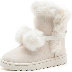 Women's Mid-calf Winter Snow Boots Lightweight Warm Faux Fur Booties Shoes White